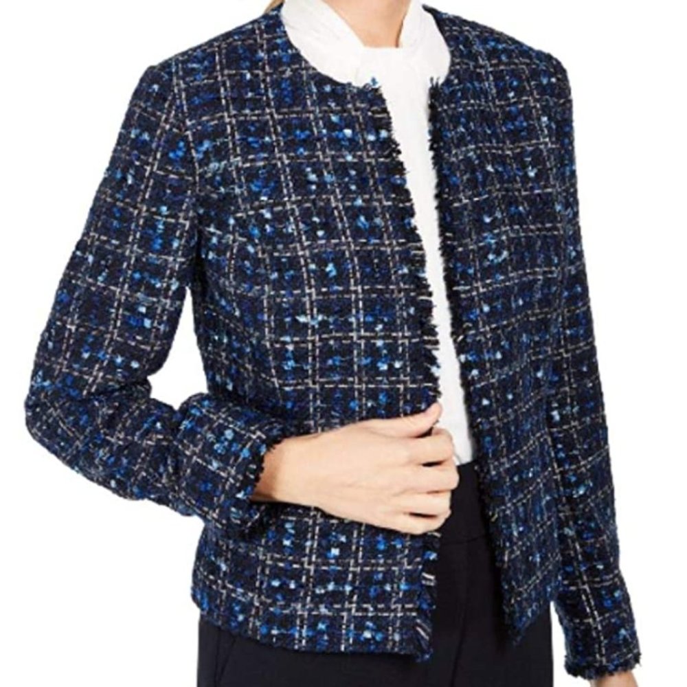 Calvin Klein Women's Petites Open Front Frayed Tweed Jacket